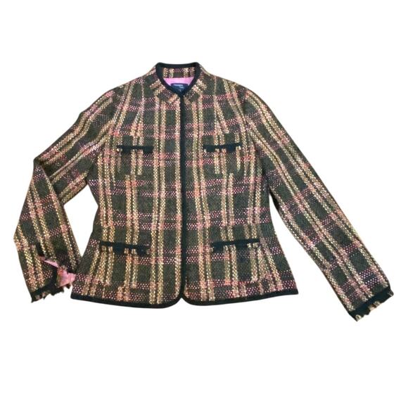 VINTAGE Womens Size 12 Plaid Tweed Blazer Top Fringe Tartan Fundamental Things - Picture 11 of 12